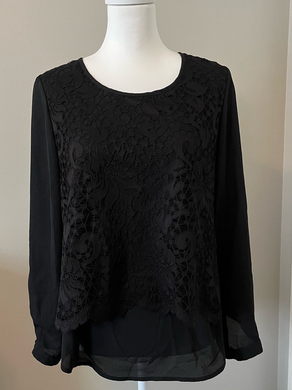 NY Collection Black Lace-Front Long Sleeve Top